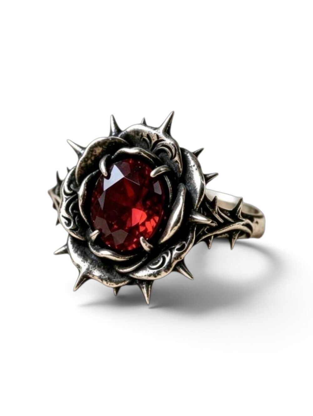 Rose & Thorn Ring with Red Gem Gothic Punk Grunge Retro Vintage - Style, Size 6